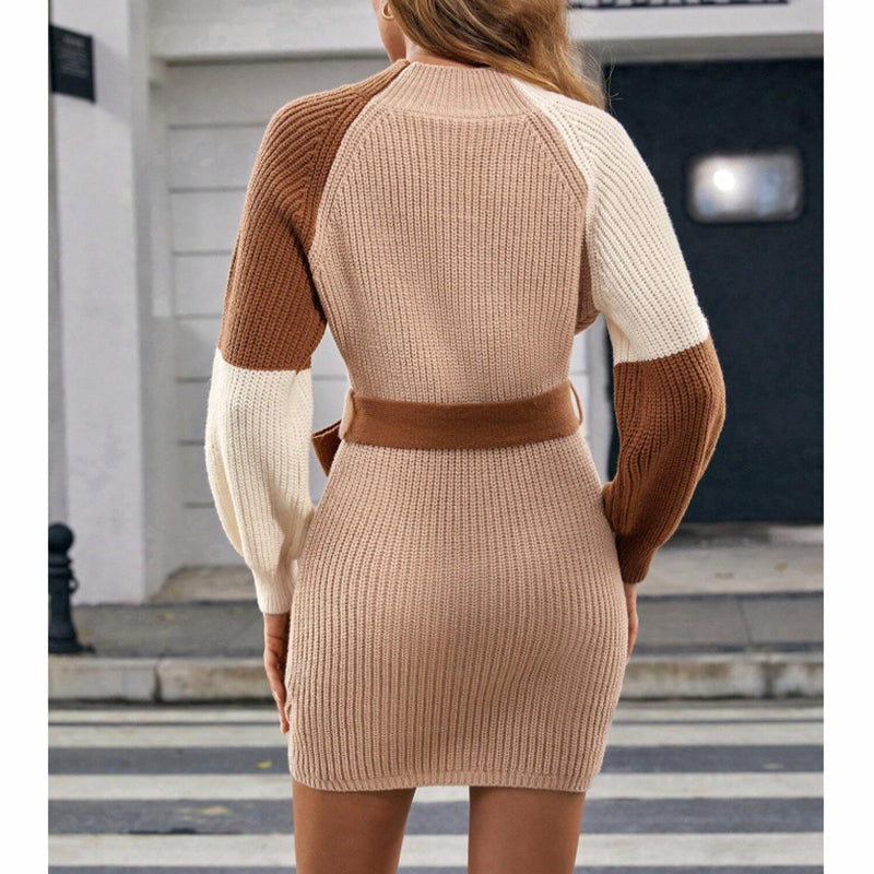 women's color block sweater midi dress fall long sleeve bodycon dress with tie waist women's color block sweater midi dress fall long sleeve bodycon dress with tie waist