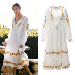 v neck embroidered loose dress embroidered long skirt