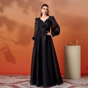 elegant long sleeve v neck lace banquet swing evening dress