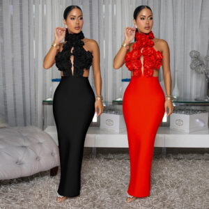 dress sexy halter large flower evening dress dress women