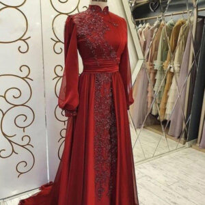 stand collar luxury long sleeve evening dress