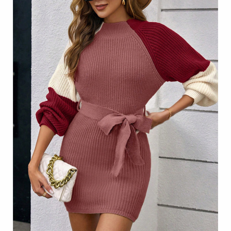 women's color block sweater midi dress fall long sleeve bodycon dress with tie waist women's color block sweater midi dress fall long sleeve bodycon dress with tie waist