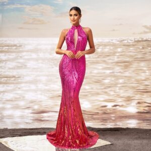 round neck off the shoulder slim fit sheath sequined banquet fishtail evening dress
