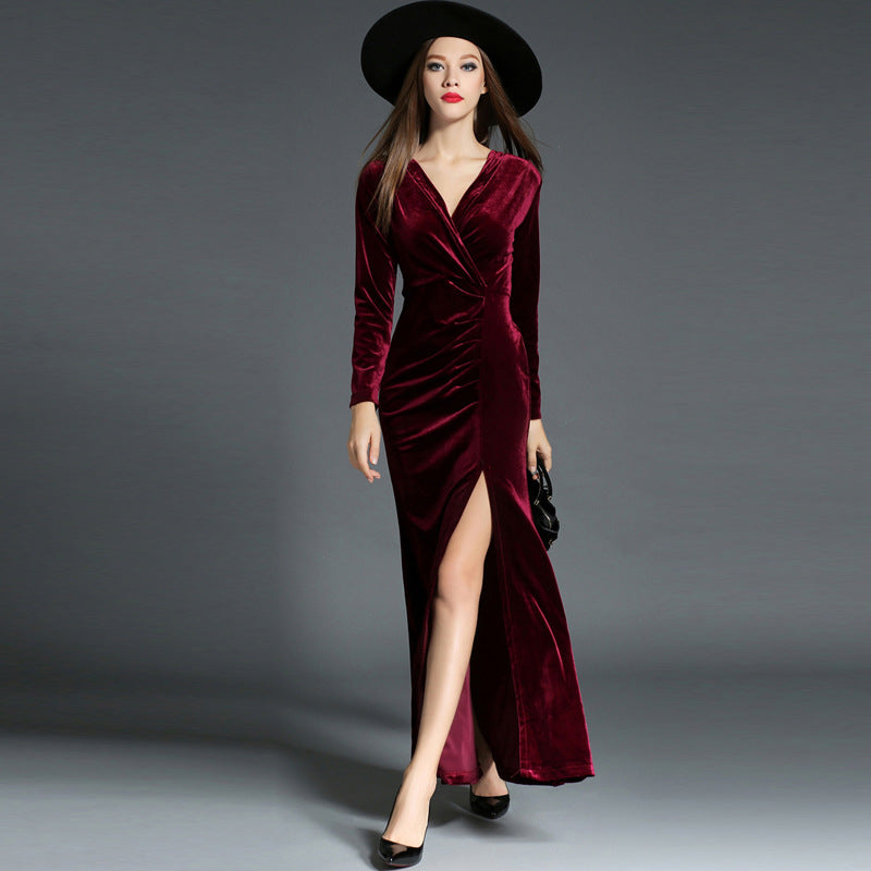 long sleeve pleated slit dress banquet evening dress long sleeve pleated slit dress banquet evening dress