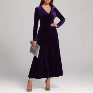 v neck long sleeve evening dress pleuche dress