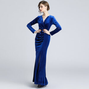 long sleeve pleated slit dress banquet evening dress
