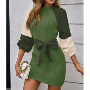 women's color block sweater midi dress fall long sleeve bodycon dress with tie waist