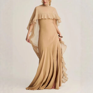elegant high neck ruffled cape gown with graceful evening dress