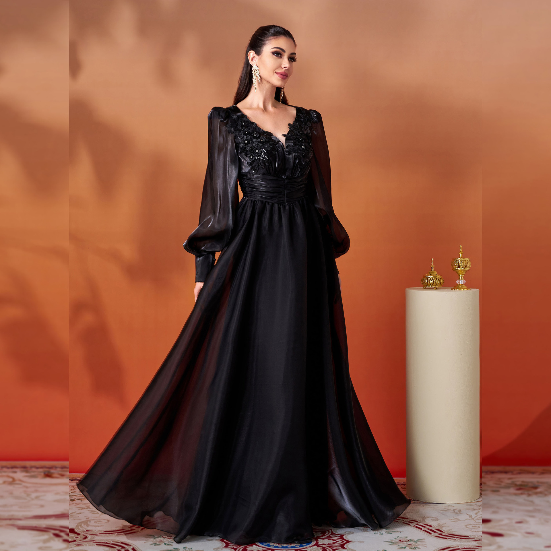 elegant long sleeve v neck lace banquet swing evening dress