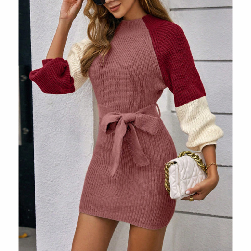 women's color block sweater midi dress fall long sleeve bodycon dress with tie waist women's color block sweater midi dress fall long sleeve bodycon dress with tie waist