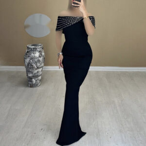 off shoulder handmade diamond strip dress evening dress