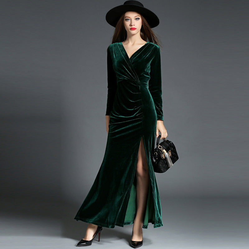 long sleeve pleated slit dress banquet evening dress long sleeve pleated slit dress banquet evening dress